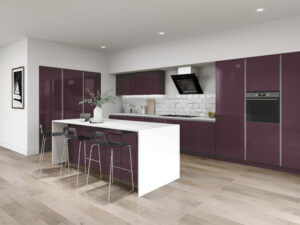 Modern kitchen with Edged Phoenix doors in Aubergine (dark purple), featuring an island with white worktops