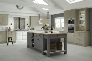 Modern kitchen with Amalfi doors in Legno Dakar and Legno Dust Grey (light brown/grey and light grey)