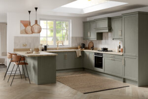 Modern U-shaped kitchen with Basel doors in Legno Reed (green)