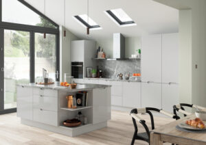 Modern kitchen with Brentford doors in Gloss Light Grey (grey), featuring an island