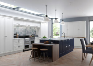 Modern kitchen with Serica doors in Porcelain and Marine Blue (off white & dark blue)
