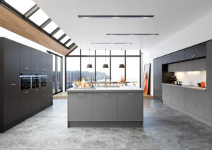 Modern kitchen with Serica doors in Dust Grey and Graphite (light and dark grey), featuring an island