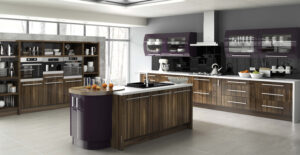 Modern kitchen with Duleek Gloss doors in  Aubergine (dark purple), featuring an island