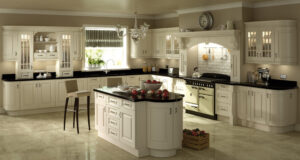 Modern kitchen with Hornschurch doors in Ivory (off white), featuring an island