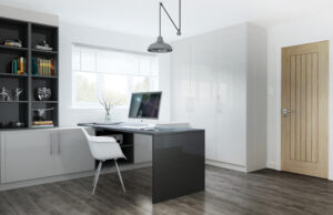 Modern home office with Graphite desk, white chair, built-in cabinetry with Glacier light grey doors, as well as wood flooring, large window blinds, and pendant ceiling light