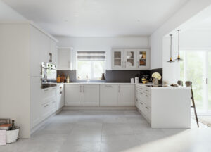 Modern U-shaped kitchen with Matfen doors in Light Grey Oak (grey)