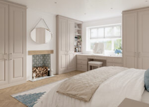 Built-in Harlem door Evergreen (dark green) wardrobe with multiple cabinets and shelves, with long gold handles